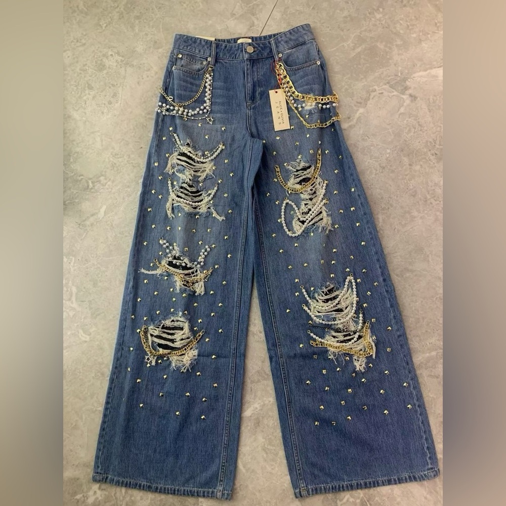 Alice + Olivia Harper Embellished Ripped Jeans - NWT - Picture 4 of 14